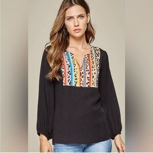 Savanna Jane Leopard Print‎ Embroidered Top Boho V Neck Cut 3/4 Sleeve Large